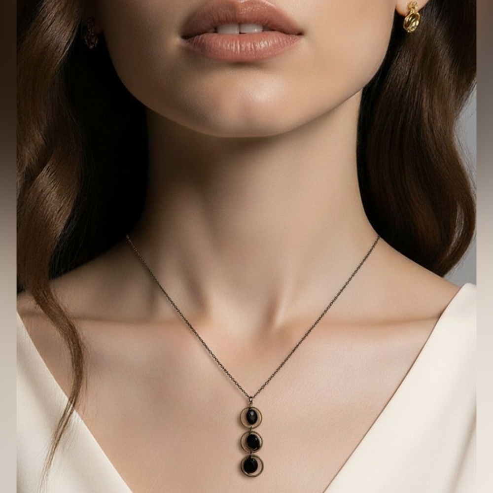 Black Onyx Necklace 3 Stone Pendant Handmade Brass Western Bohemian Minimalist